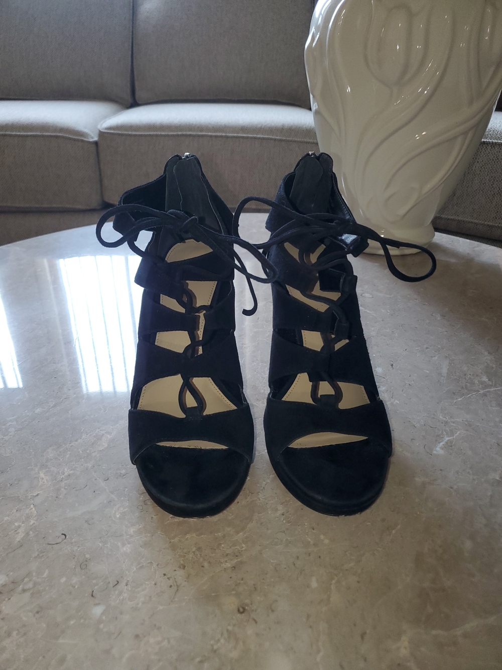 Via Spiga Black Suede Lace-Up Strappy Heeled Sandals
